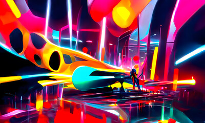 A beautiful abstract art of futuristic background with glowing neon lines, colorful laser rays