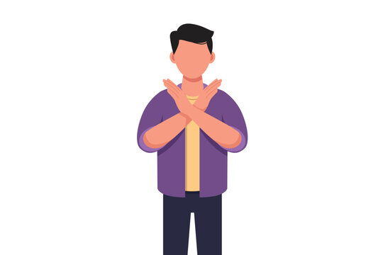 Business concept flat style isolated of young businessman crossing arms and saying no gesture. Person making X shape, stop sign with hands and negative expression. Graphic design vector illustration