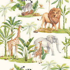 Watercolor pattern with African animals and palm trees. Giraffe, elephant, lion, lemur banana and coconut palms. Wild fauna and flora of the jungle. Deep green rainforest.