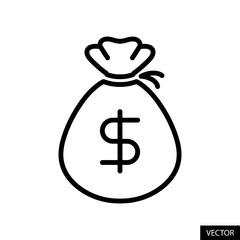 Money bag, Sack of cash with USD, American dollar symbol vector icon in line style design for website design, app, UI, isolated on white background. Editable stroke. Vector illustration.