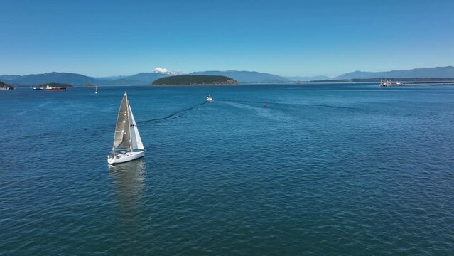 Aerial shot of a sailboat in the waters of Anacortes, Washington.