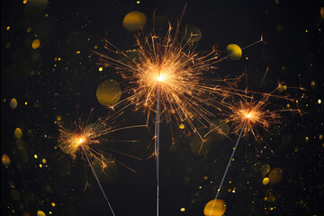 Happy New Year, Sparklers burning bright with shiny sparks and bokeh festive silvester party...