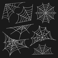 Cobweb set for Halloween design, isolated on black background. Vector illustration