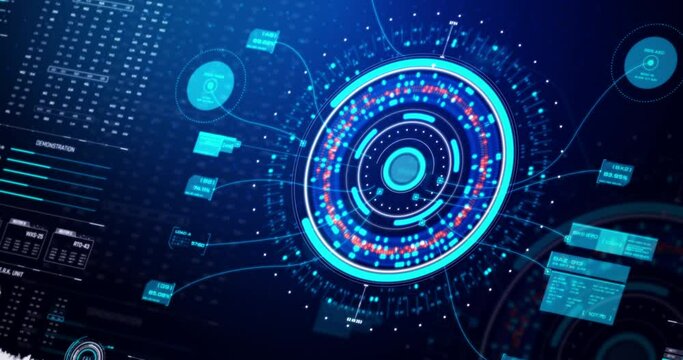 3D Rendering head up display interface futuristic cyber concept, with shallow depth of field effect, dark and grain processed