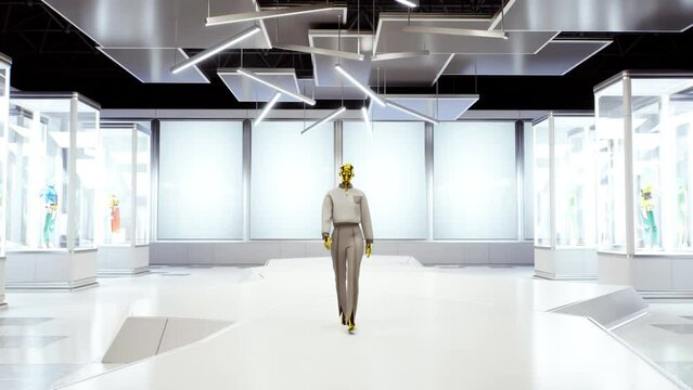 3D fashion show: virtual model walking by the podum. Fashionable grey dress. 3D Rendering