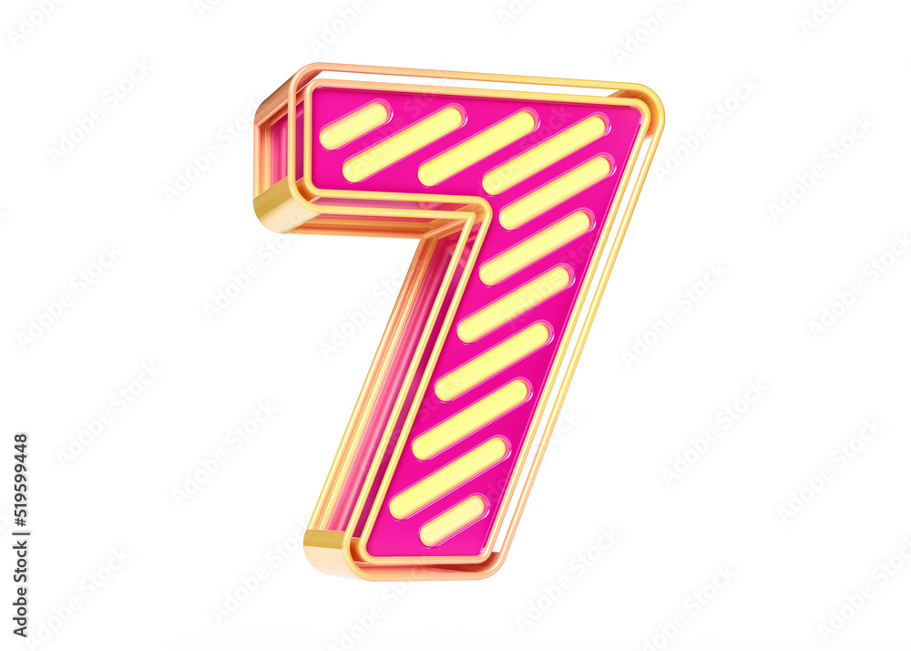 Poster neon typeface in pink and golden yellow color combination. digit number 7 in high quality 3d renderi