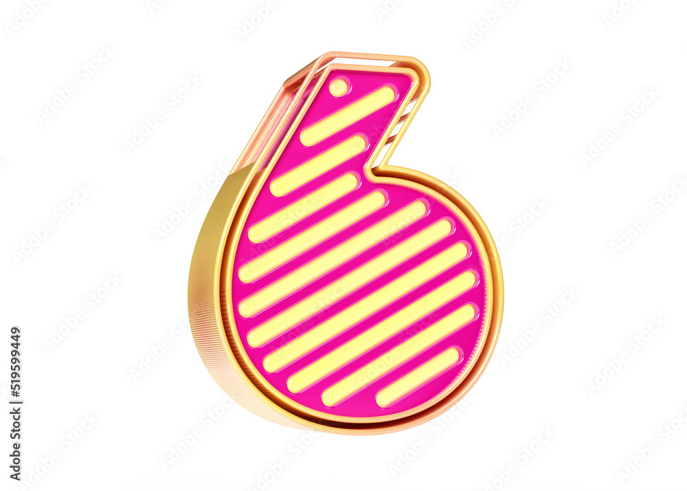 Poster neon typographic number in pink and golden yellow color scheme. digit number 6 in high quality 3d re
