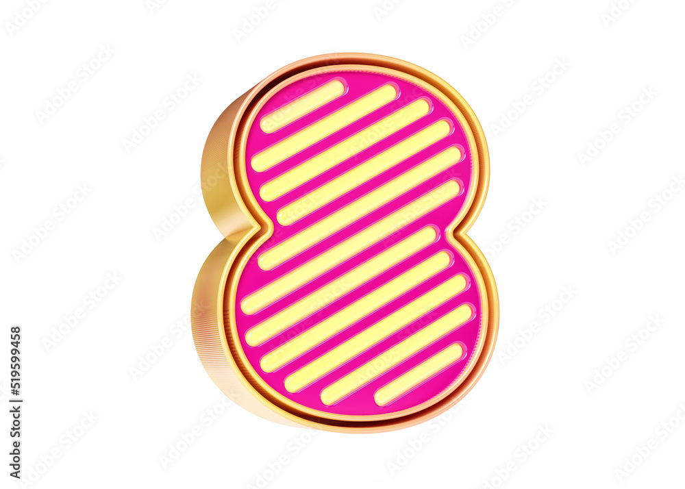 Poster neon lights typography in pink and golden yellow color combination. digit number 8 in high quality 3