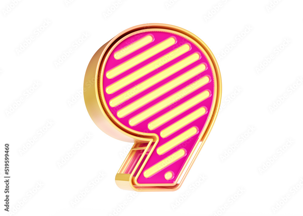 Poster neon font in pink and golden yellow color combination. digit number 9 in high quality 3d rendering.