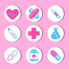 Medical icons set vector illustration with pink and blue colors. Round medicine highlights. Heart, patch, test tube, bones and capsule. Collection of medical highlights for social media and other.   