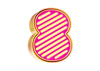 Neon lights typography in pink and golden yellow color combination. Digit number 8 in high quality 3D rendering.