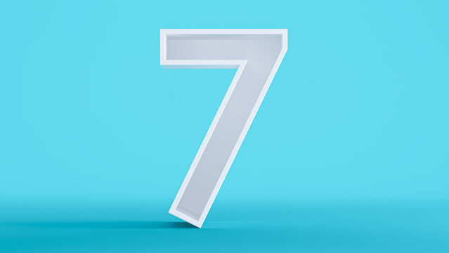 3D render of white number seven isolated on a colorful blue background, number 7