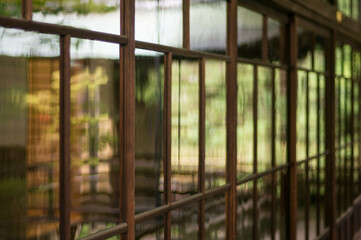 夏の京都の新緑を反射した美しい窓