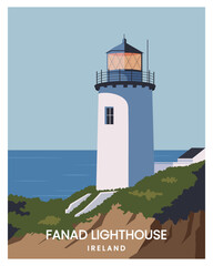 fanad lighthouse vector landscape. travel to donegal ireland. vector illustration for poster, postcard, art print with minimalist style. - obrazy, fototapety, plakaty