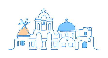 Santorini island, Greece. Traditional white architecture and Greek Orthodox churches with blue domes and a small windmill. Vector linear illustration.
