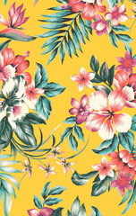 Mixed tropical floral print on plain base