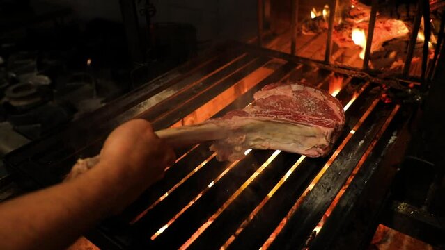 Raw piece of juicy T-bone meat stake, put into the open fire on a grill. High quality FullHD footage