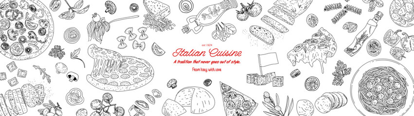 Italian cuisine top view frame. Engraved image. Italian cuisine frame. Vintage hand drawn sketch. Pizza and pasta hand drawn frame. Food menu design elements. Vector illustration. 
