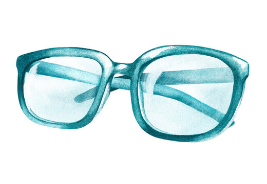 Blue Eyeglasses Are Folded. Watercolor Illustration. Isolated On A White Background. For Design.