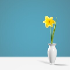 Beautiful bouquet of fresh flowers against a blue wall