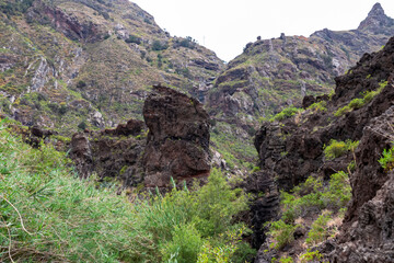 Panoramic view on El Dedo del Roque Pai crag, Roque Paez in the Anaga mountain range, Tenerife, Canary Islands, Spain, Europe. Scenic hiking trail from Afur to Taganana through canyon Barranco de Afur