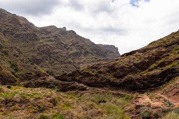 Valley in the Anaga mountain range leading to the beach Playa del Tamadite, Tenerife, Canary Islands, Spain, Europe. Scenic hiking trail from Afur to Taganana through canyon Barranco de Afur