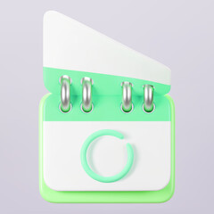 3d green calendar icon with highlighted circle day and flipping pages. Save the date. Render of daily schedule planner with mark the date. Calendar important day concept. 3d cartoon simple vector