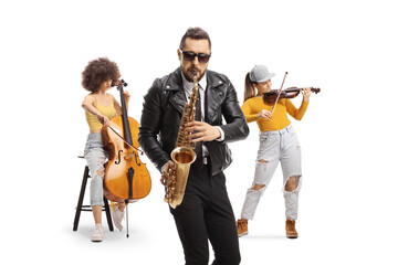 Modern music band performing with a cello, violin and sax