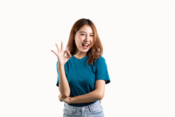 A cheerful and graceful Asian woman smiles happily and makes various hand gestures on a white background.