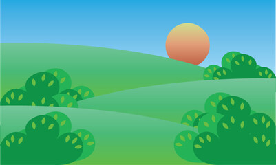 Cartoon landscape of nature sunset, green field, landscape view, game background, summer or spring meadow or pasture with plants. Vector illustration. 
