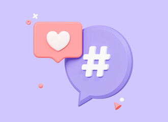 3D Hashtag speech bubble and like button in social media. Follow trending tag. Social network promotion and marketing concept. Cartoon creative design icon isolated on purple background. 3D Rendering