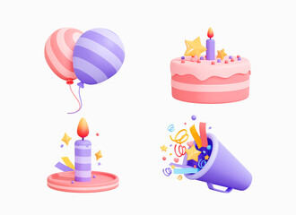 3D Birthday icon set. Party surprise decoration. Balloons, festive cake, candle and firecracker with confetti. Pastel color. Cartoon creative design icons isolated on white background. 3D Rendering - obrazy, fototapety, plakaty