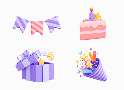 3D Birthday icon set. Party surprise decoration. Carnival garland, piece of cake, gift box and firecracker with confetti. Cartoon creative design icons isolated on white background. 3D Rendering