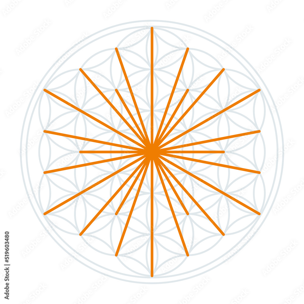 Poster sun symbol in the flower of life. orange lines symbolizing the rays of sun, derived from the interse