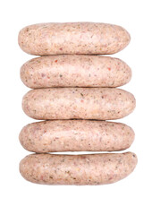 Steamed white sausage, isolated on a white background, top view. Polish meat product, Easter delicacy, a packshot photo.