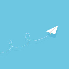 Paper plane route in the dotted line shape. White airplane path. Vector illustration isolated on blue background.