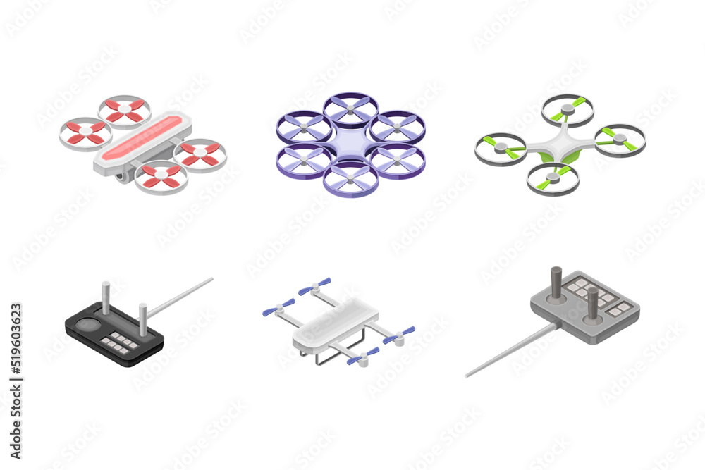 Poster set of drones with controllers. unmanned aircrafts, electronic drones and vehicle controllers vector