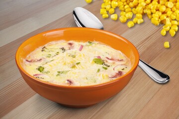 Creamy corn Pottage soup on bowl, healthy food style