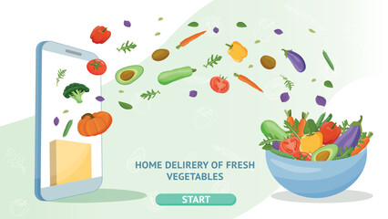 Grocery store online, Shopping, Supermarket, Fresh food, Home delivery, Ordering, Sale. Web page design template for Grocery store, Market with a set of delicious healthy foods. Vector illustration