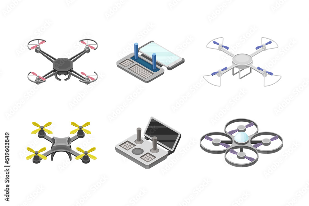 Aufkleber set of drones and computer controllers. unmanned aircrafts, electronic drones with propellers vector