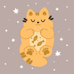 A cute happy red cat dreams of a fish in the stars. Children's illustrations. Flat cartoon style for baby shower, baby store, books