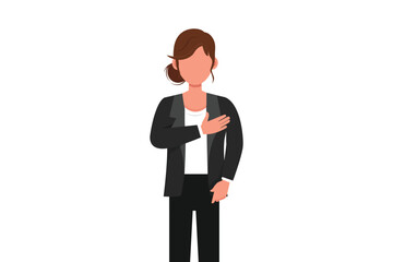 Obraz na płótnie Canvas Business design drawing young businesswoman keeping hands on chest. Smiling friendly female expressing gratitude. Emotion and body language concept. Flat cartoon style graphic vector illustration