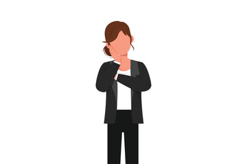 Obraz premium Business flat cartoon style drawing businesswoman holding hand on cheek with crossed hand. Bored tired person keeping hand on face. Female suffering from toothache. Graphic design vector illustration