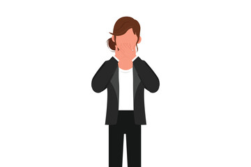 Business flat drawing businesswoman covering mouth with hands. Female mouth, hand shocked with shame for mistake, expression of fear, scared in silence, secret. Cartoon design vector illustration