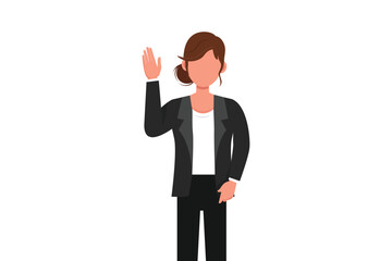 Business flat cartoon style drawing young businesswoman showing palm as stop sign, stay, hold, rejection gesture. Female manager gesturing emotion and body language. Graphic design vector illustration