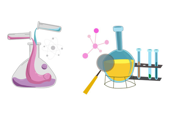 Laboratory equipment. Flask, beaker and other chemical and medicine lab measuring equipment. Vector illustration for chemistry, medical research, science concept
