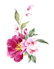 Fototapeta premium Watercolor Peony flowers bouquet. Floral arrangement. Pink, white, burgundy flower and leaves. Illustration for greeting card, invitation, bridal showers, baby showers, printable home decor