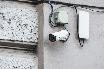 CCTV camera mounted on building for anti theft operations.