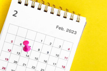 calendar february 2023 and wooden pin on yellow background