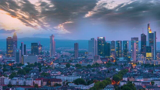 Frankfurt skyline aerial view timelapse frankfurt am main skyscrapers time lapse from day to night.